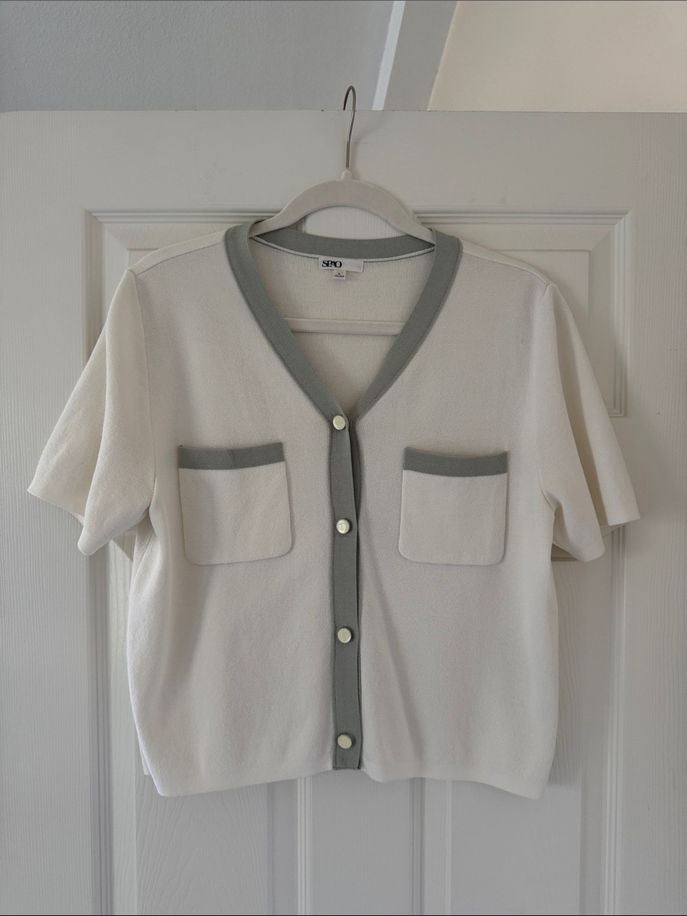 Cream Short-Sleeve Cardigan with Sage Green Trim